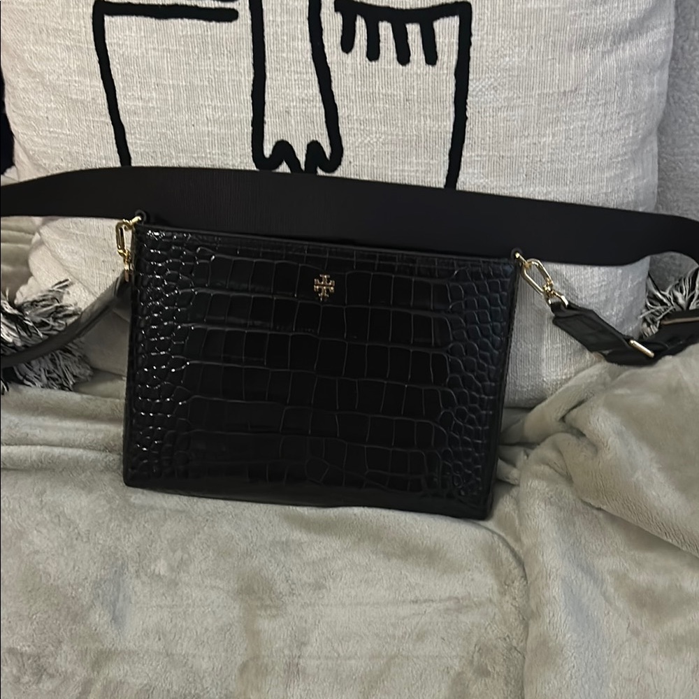 Tory Burch Thea Brown Leather Croc-Embossed Crossbody Bag